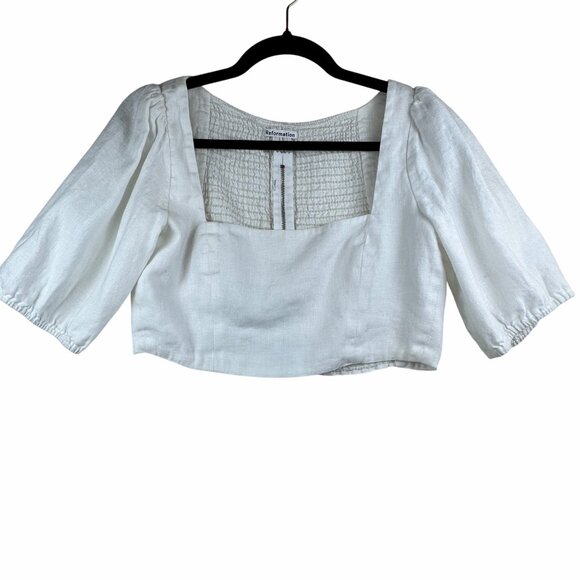Reformation White Linen Square Neck Crop Top Puff Sleeves Smocked Back Size 0 - Picture 2 of 11